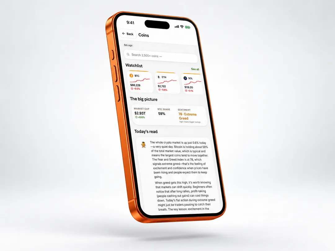 The Coins screen: the watchlist with Bitcoin, Ethereum and Solana prices, the market big picture and today's read.