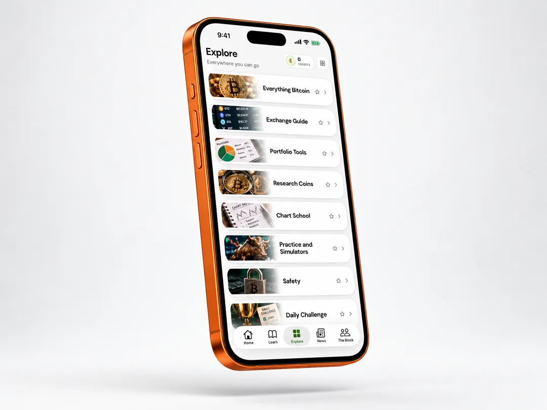 The Explore screen: Everything Bitcoin, the Exchange Guide, Portfolio Tools, Research Coins, Chart School, Practice and Simulators, Safety and the Daily Challenge.