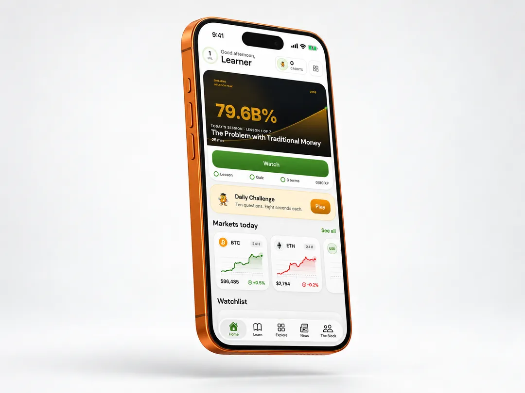 The app's Home screen: today's lesson card, a Daily Challenge, market prices for Bitcoin and Ethereum, and the tab bar.