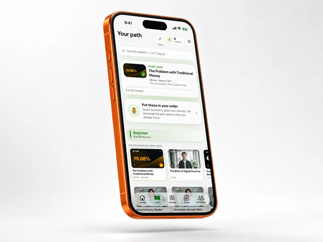 Your path: the personalized lesson track, starting with 'The Problem with Traditional Money' and the Beginner level.