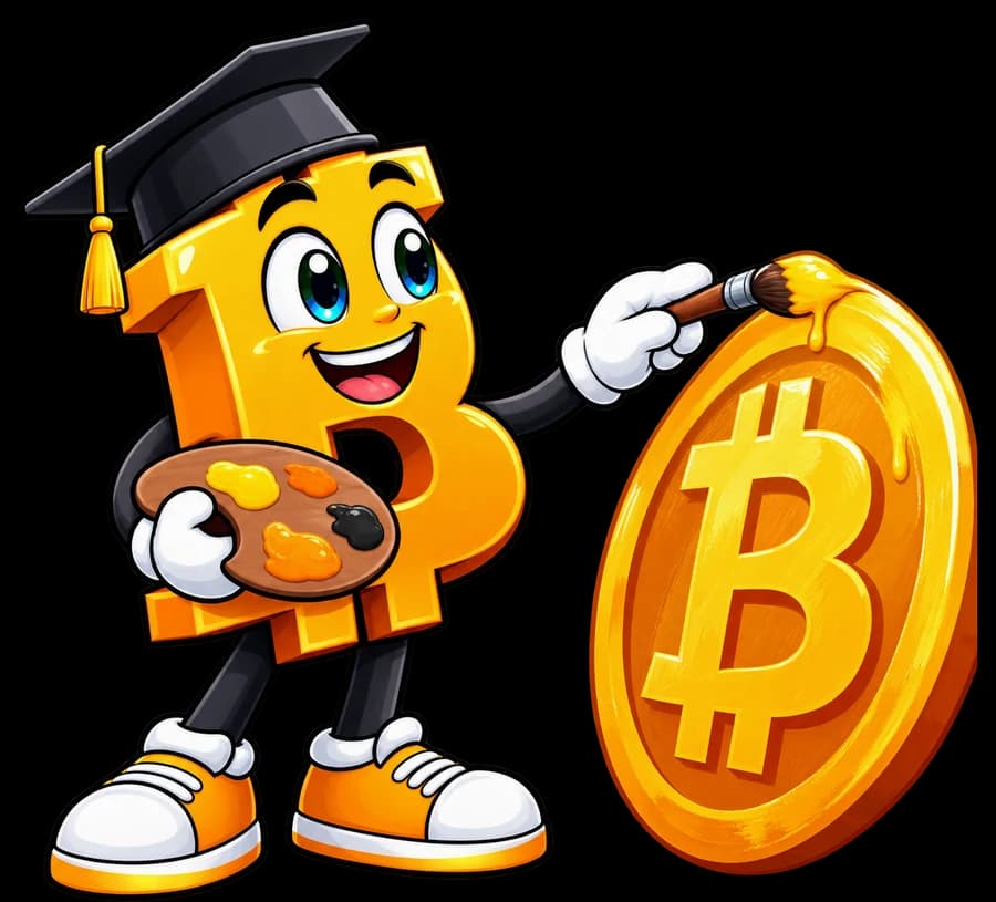 Bip, the CryptoBipto mascot, painting a giant gold coin