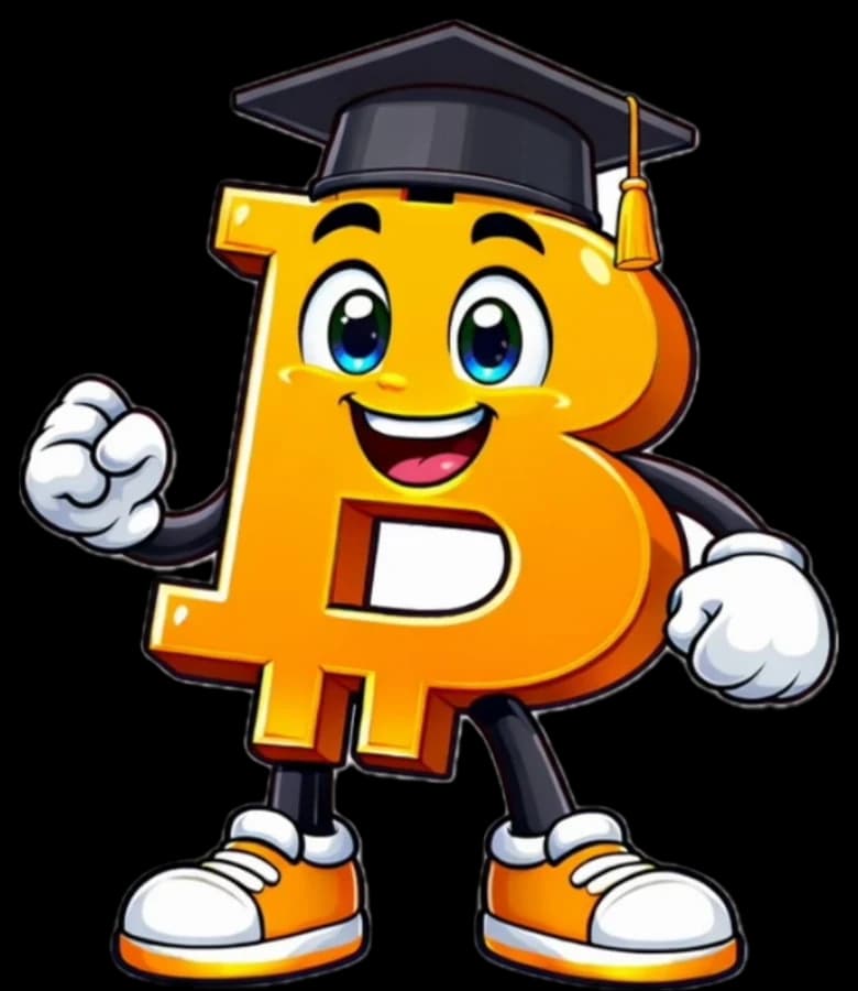 Bip, the CryptoBipto mascot, in a graduation cap with one fist raised