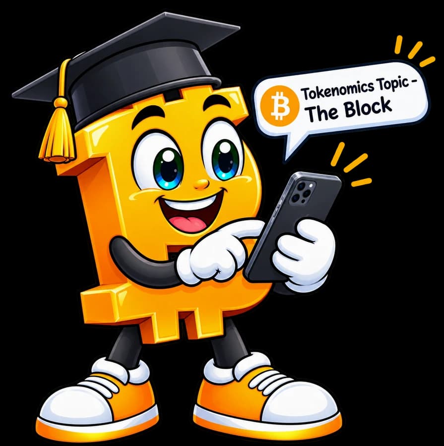 Bip, the CryptoBipto mascot, reading a topic from The Block on his phone