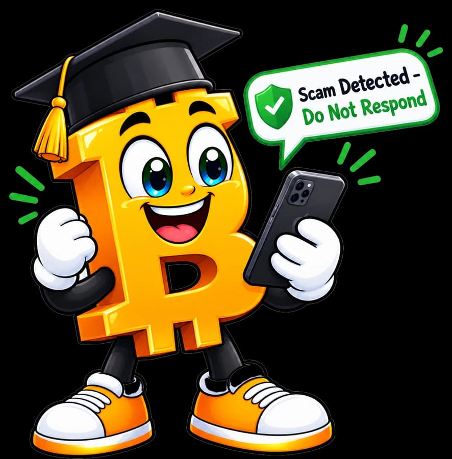 Bip, the CryptoBipto mascot, holding a phone that shows a scam warning