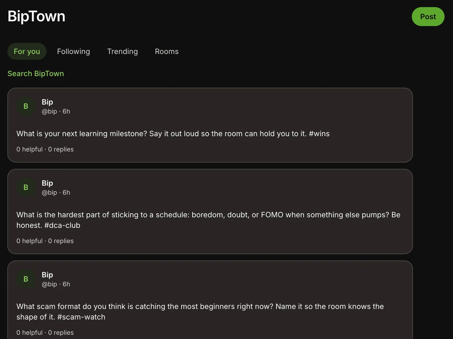 BipTown community feed with the For you, Following, Trending and Rooms tabs and posts with topic tags, each with helpful and reply counts.