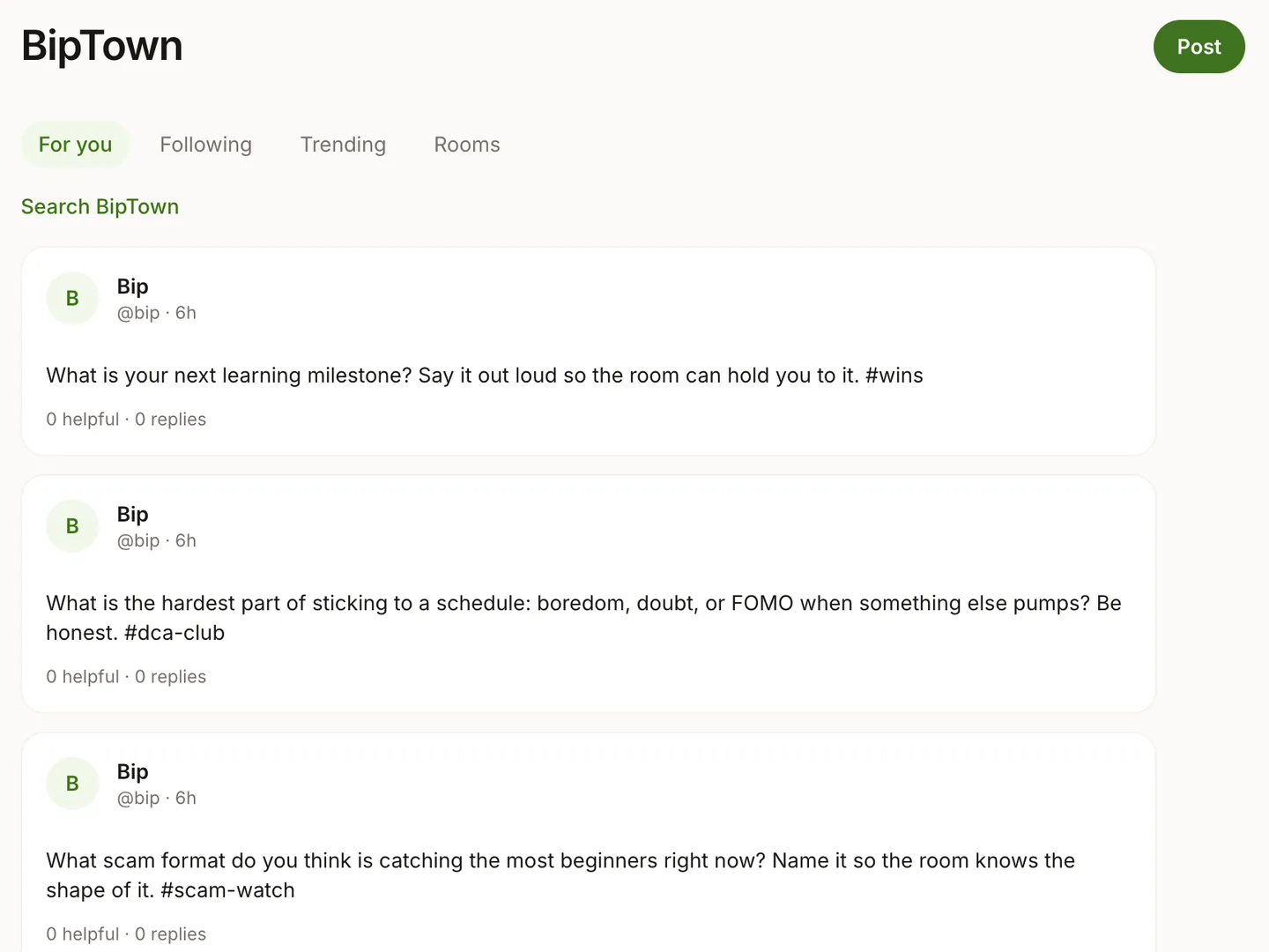 BipTown community feed with the For you, Following, Trending and Rooms tabs and posts with topic tags, each with helpful and reply counts.