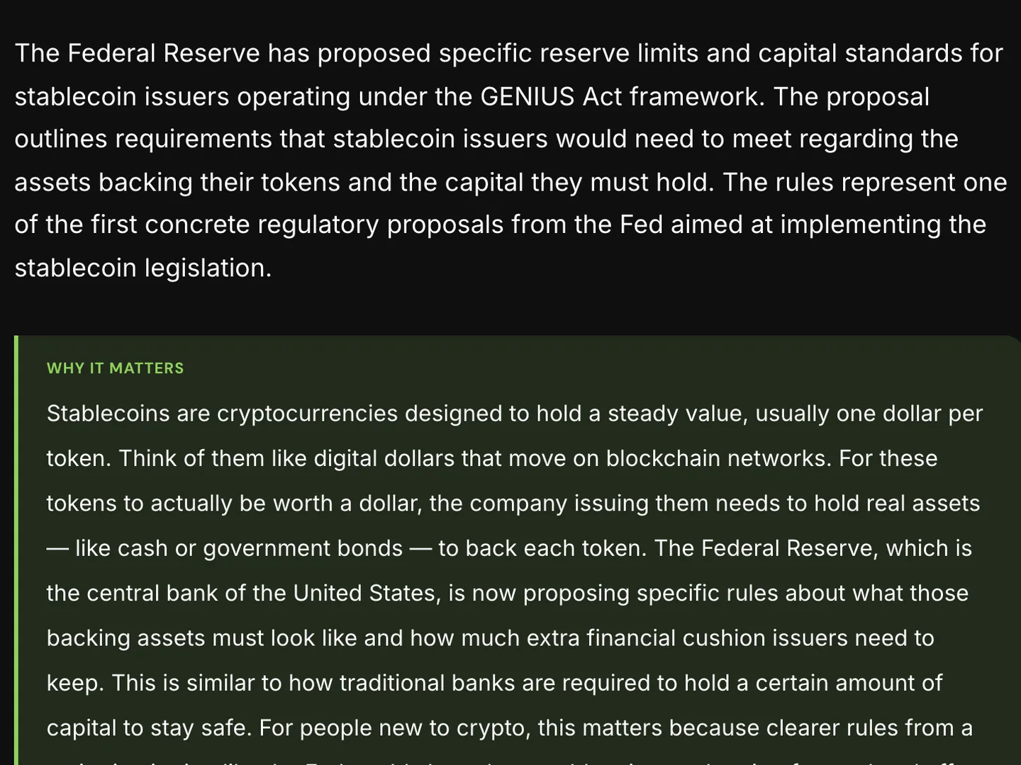 A news explanation with a summary of what the Federal Reserve proposed for stablecoin issuers and a Why it matters section that explains the ideas behind the story.