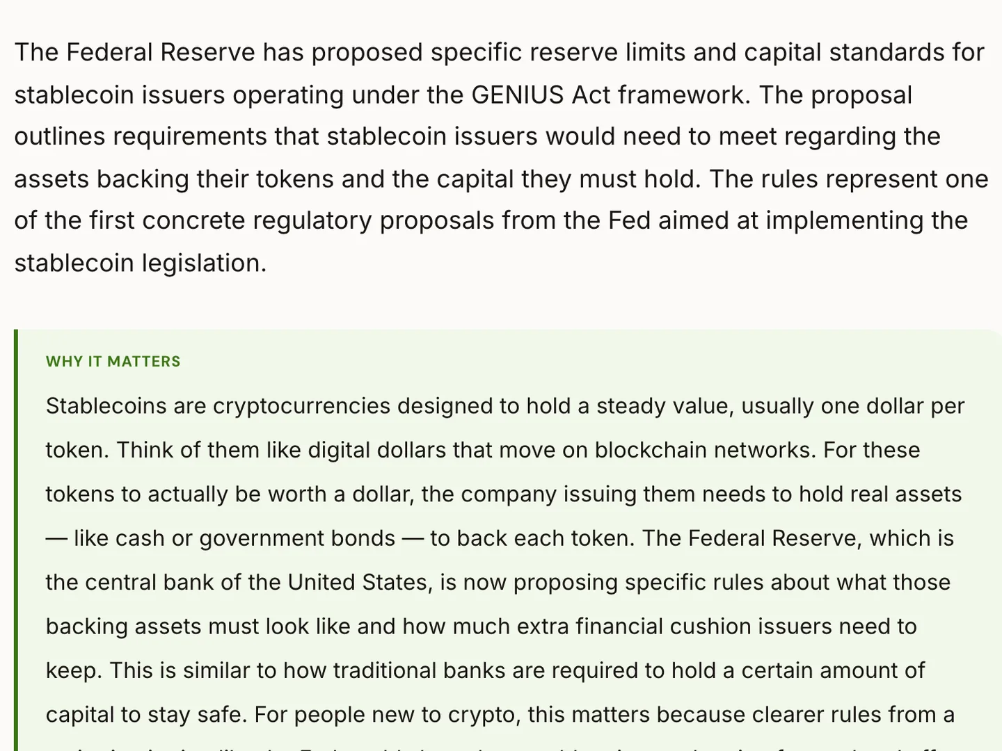 A news explanation with a summary of what the Federal Reserve proposed for stablecoin issuers and a Why it matters section that explains the ideas behind the story.