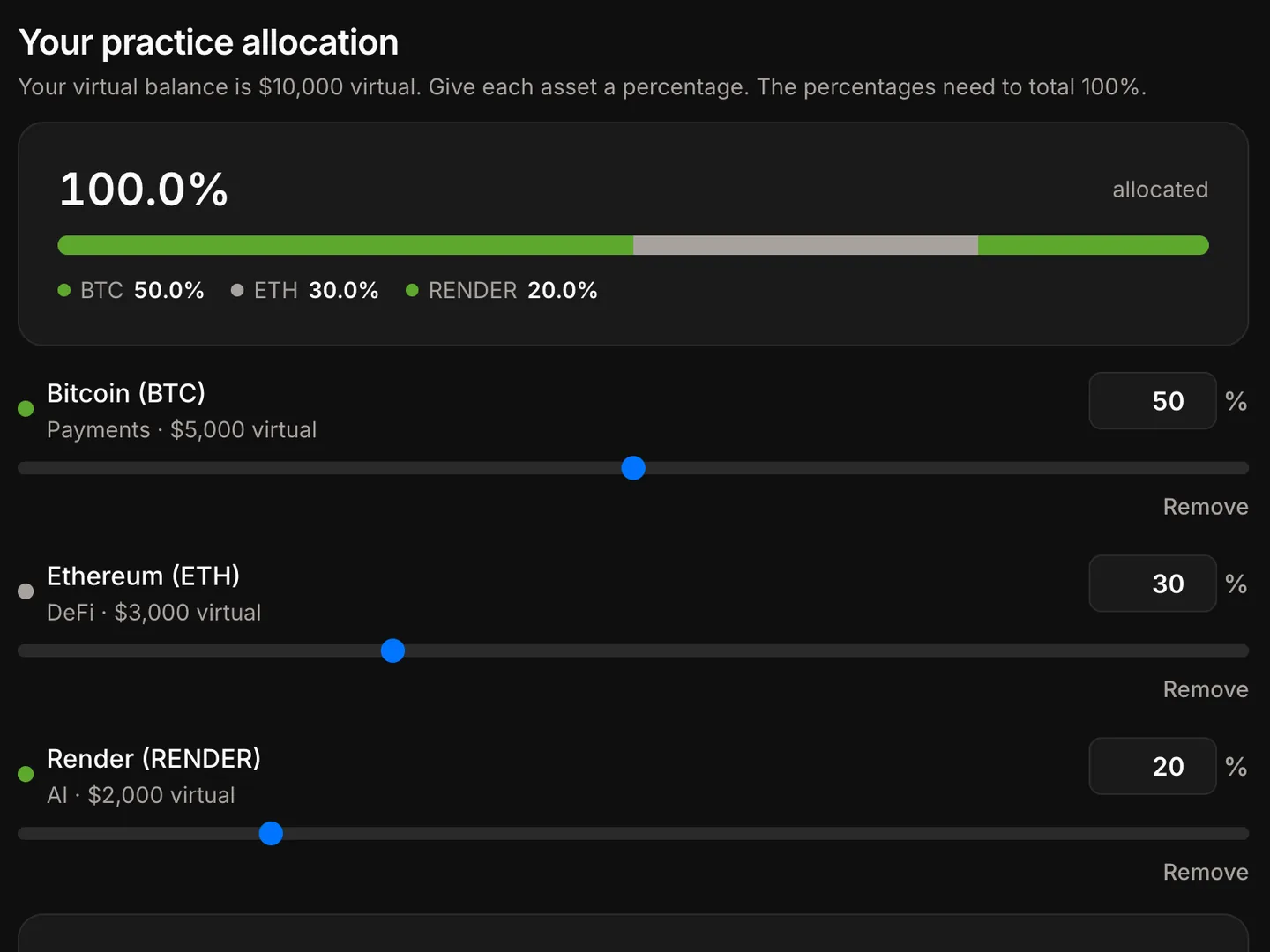 Practice Portfolio Builder showing a virtual balance divided between Bitcoin, Ethereum and Render, with a slider and a percentage for each and a total allocation of 100 percent.