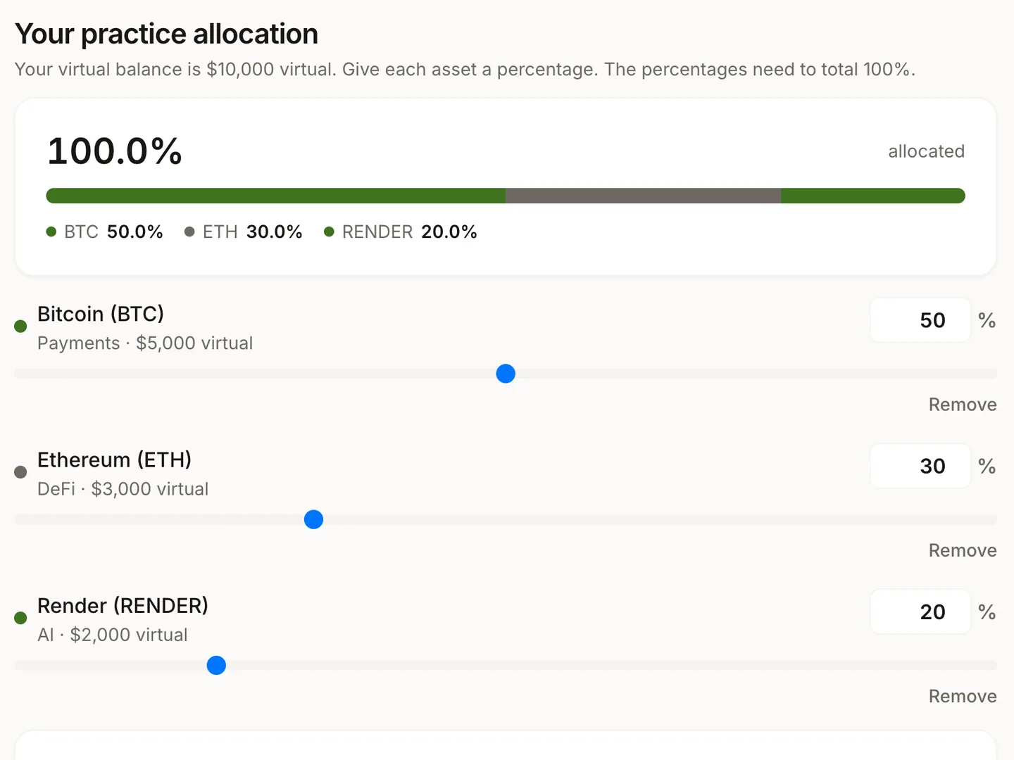 Practice Portfolio Builder showing a virtual balance divided between Bitcoin, Ethereum and Render, with a slider and a percentage for each and a total allocation of 100 percent.