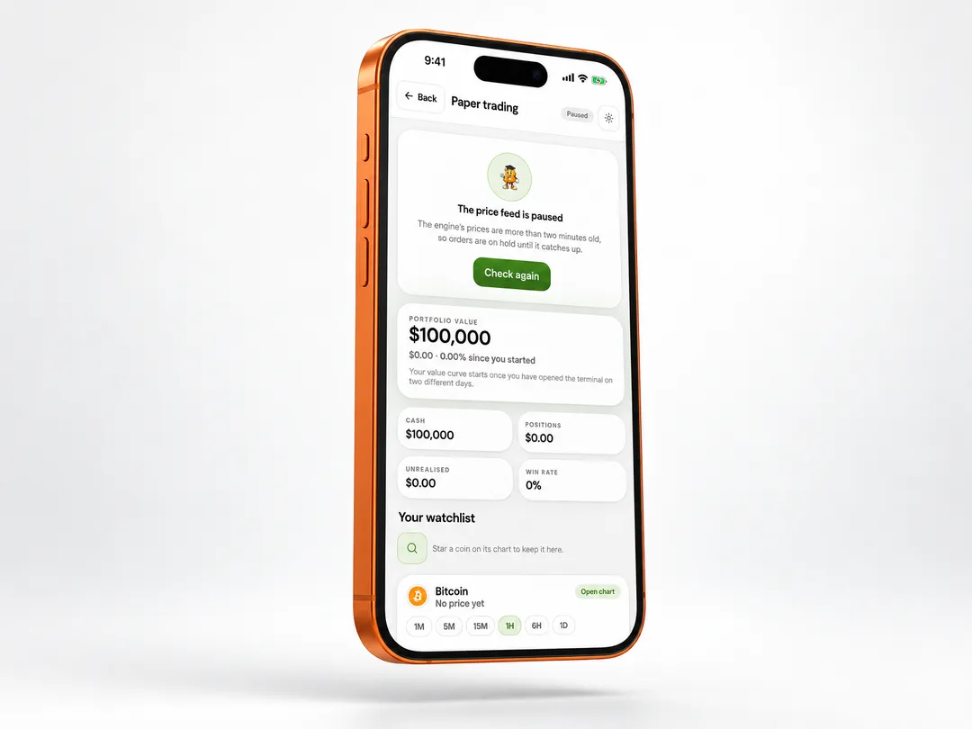 The paper trading screen, with a notice that the price feed is paused: a $100,000 simulated portfolio, cash and positions, and the watchlist.