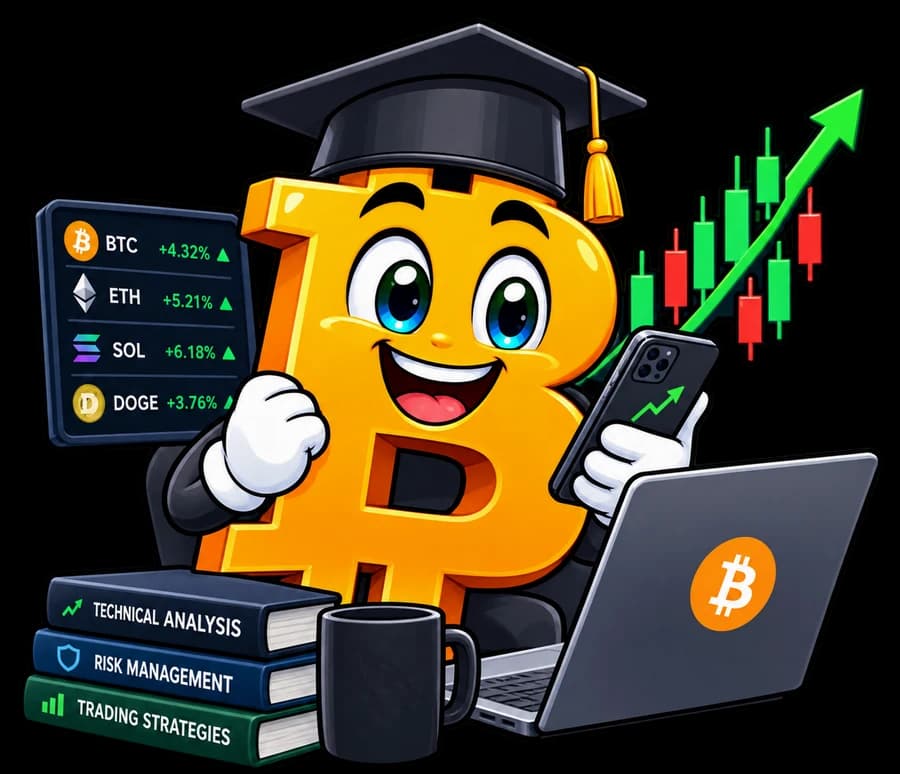Bip, the CryptoBipto mascot, at a laptop with a phone, a price board and a candle chart